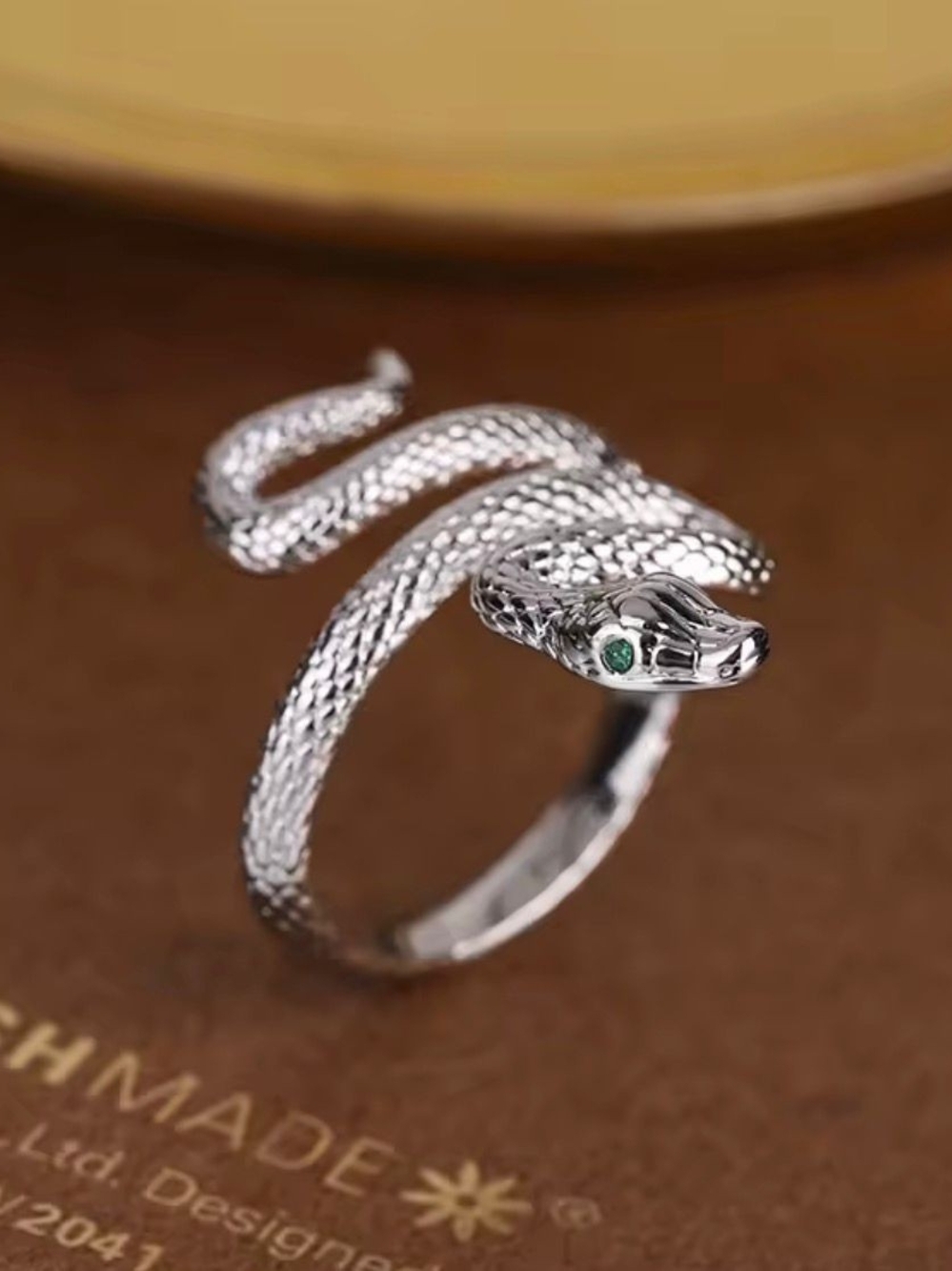 Silver Snake Wrap Ring with Green Eyes